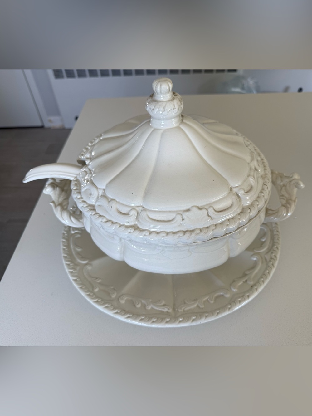 Vintage White Ceramic Covered Soup Tureen with Ladle made in Italy